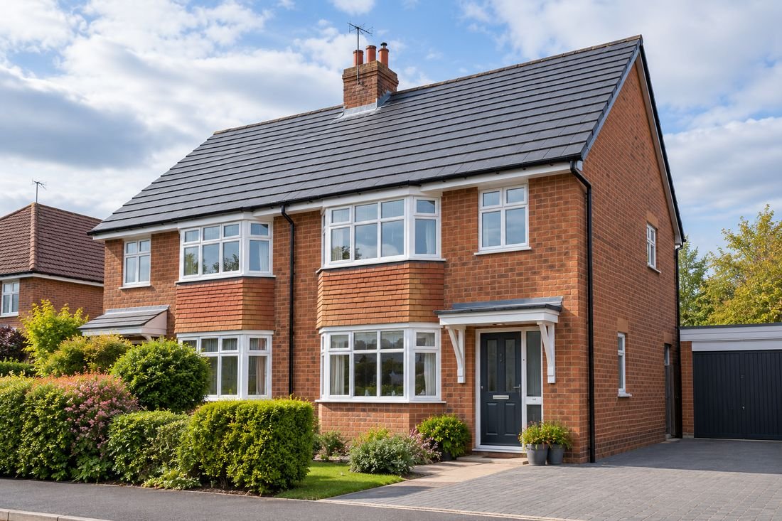 Brick semi-detached house with a freshly tiled dark roof