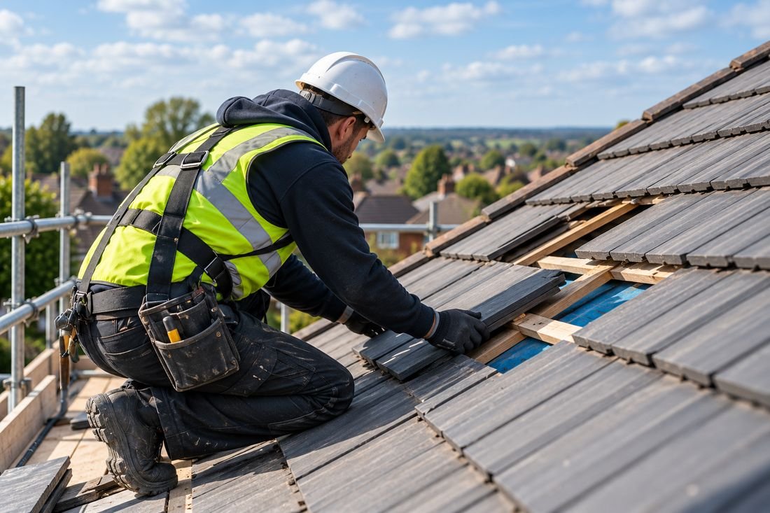 Roofer re-laying slate tiles on a roof with scaffolding in place